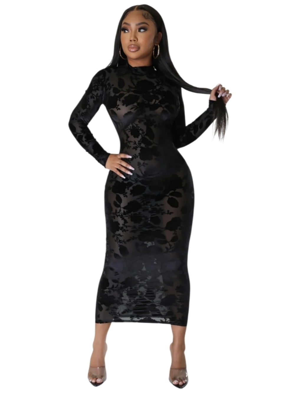 Black Mesh Open back Midi Dress - Picture 2 of 14